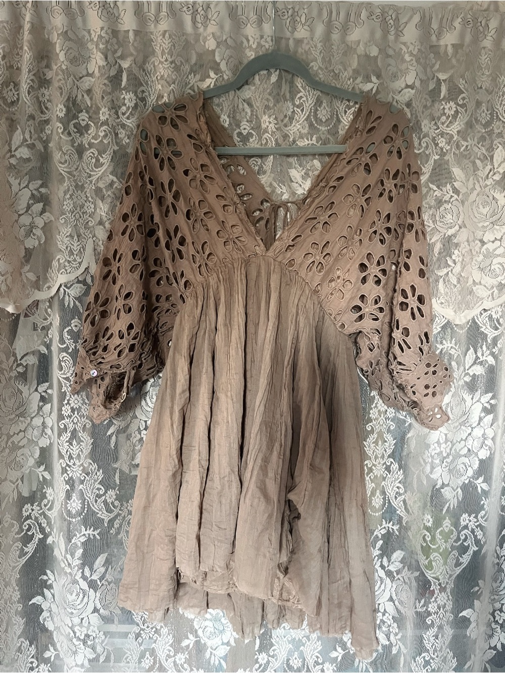 Women's Taupe Cutwork V-Neck Boho Dress
